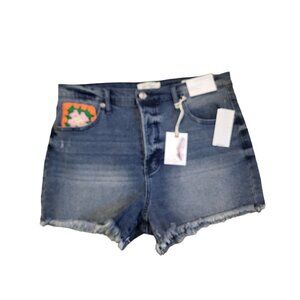 Jessica Simpson Infinite High Waist Crochet Cut Off jean Shorts, 31, NWT